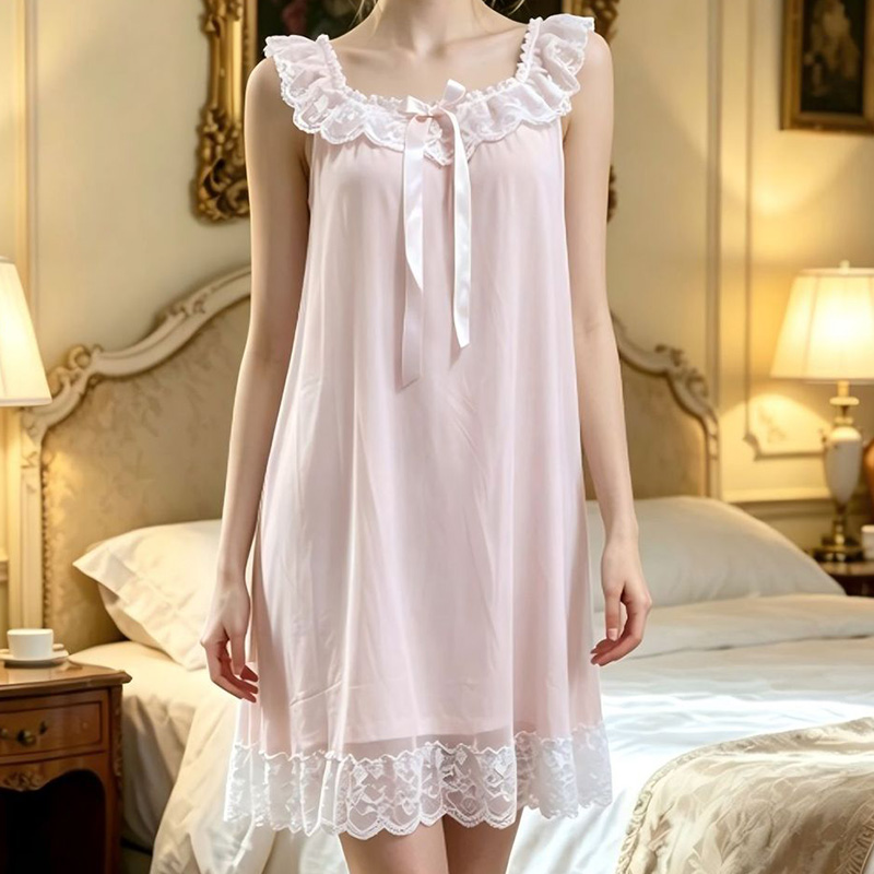 Vintage Fashion Dresses - Women Sleeping Gown Sleeveless Ruffles Mesh